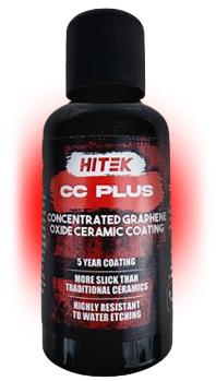 Bottle of HITEK CC PLUS ceramic coating. Black bottle with red accents. Text: