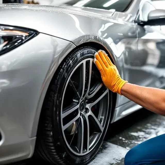 Person wearing orange gloves cleaning a silver car tire and rim.