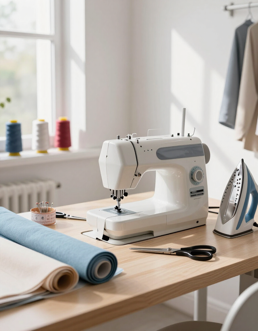 Máquina de coser moderna en un taller luminoso