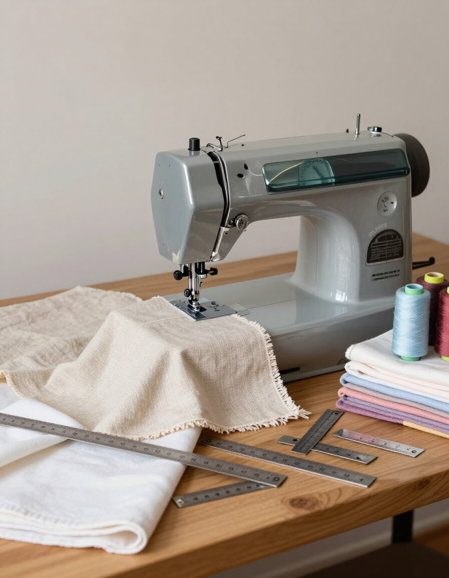 Máquina de coser sobre una mesa con tela, reglas y carretes de hilo para coser.