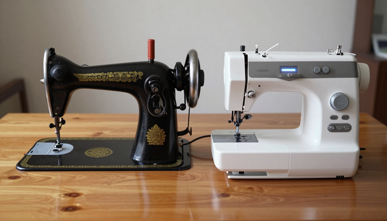 Una máquina de coser antigua de color negro se encuentra junto a una máquina de coser moderna de color blanco sobre una mesa de madera.