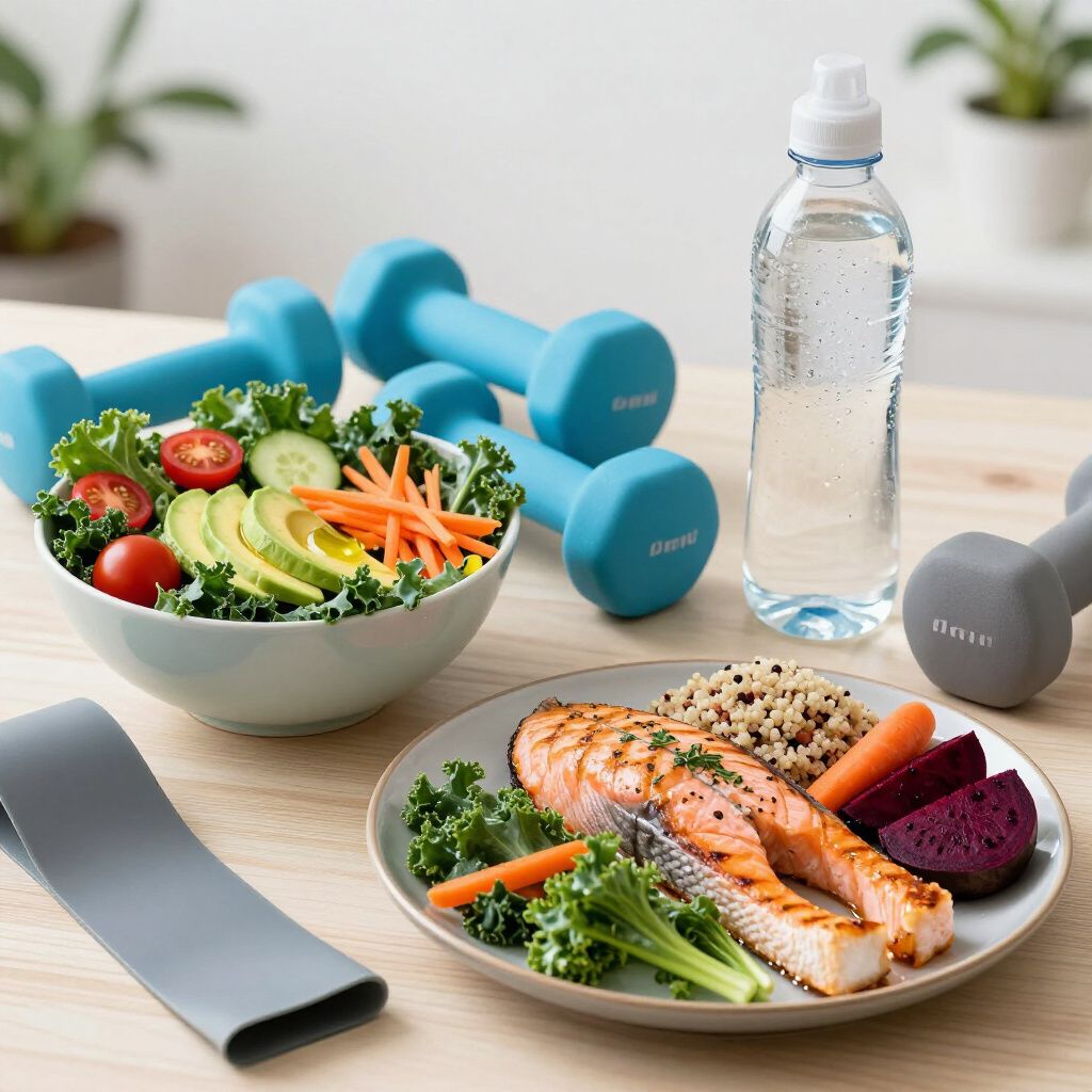 A healthy meal of salmon, salad, and grains on a table with dumbbells, a water bottle, and an exercise band.