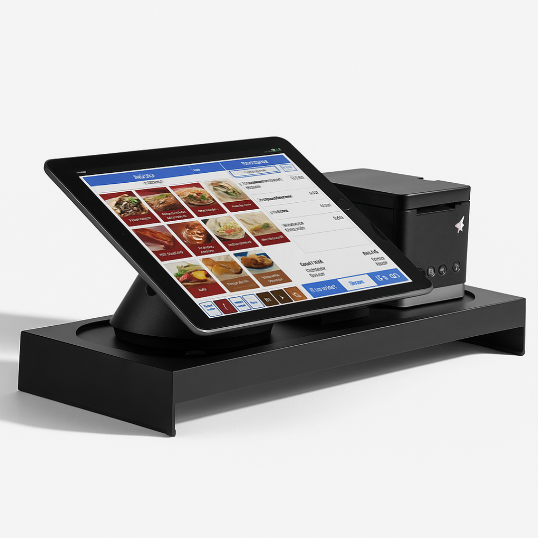 A tablet is sitting on top of a wooden stand.