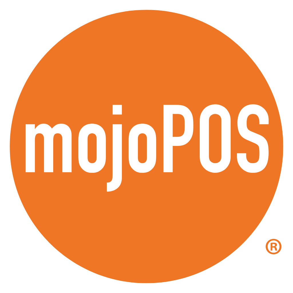 A logo for mojopos in an orange circle