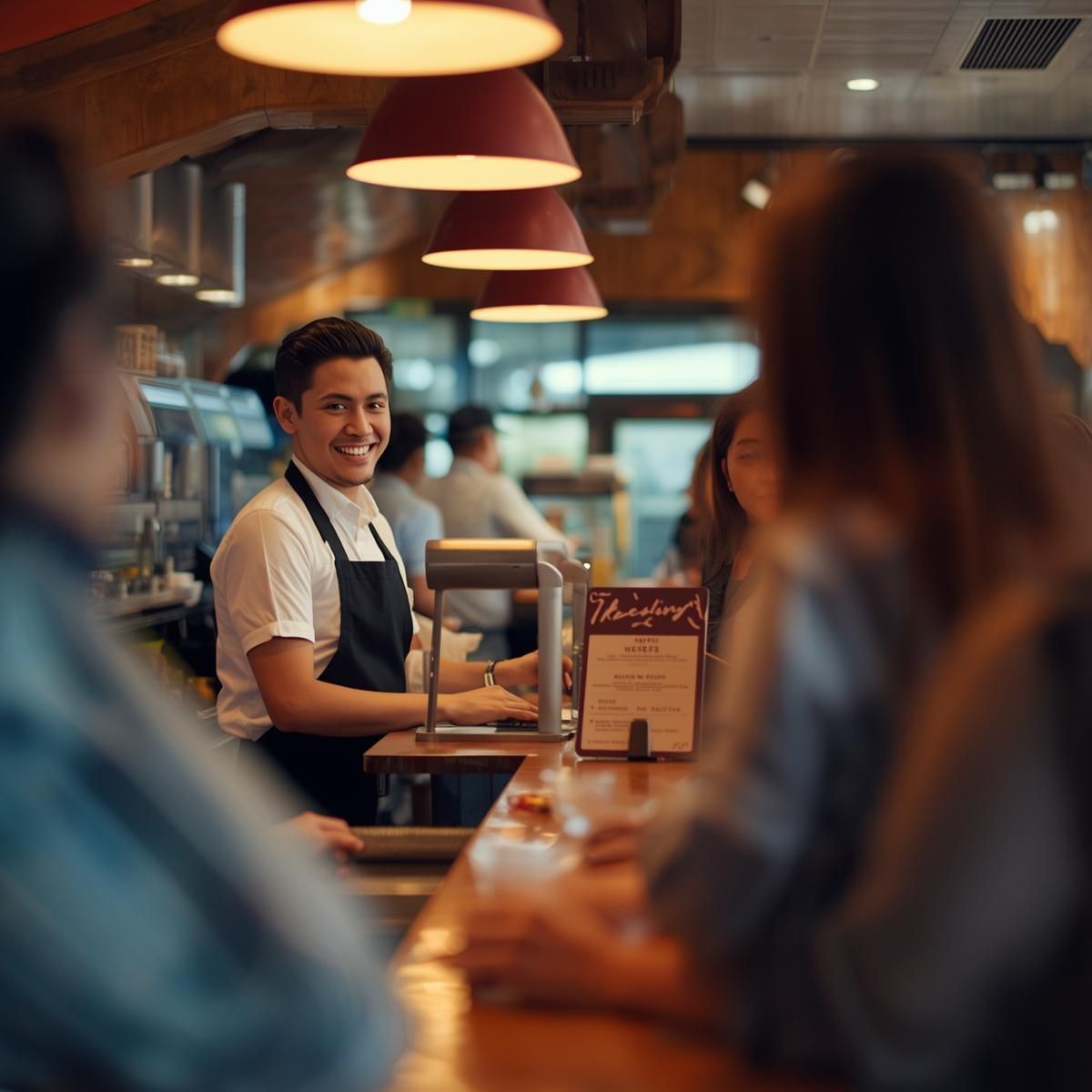 Bartender smiles at customers at a wooden bar, warmly lit with hanging lamps.