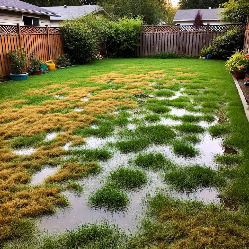 Patches of soggy and dry grass in a back yard