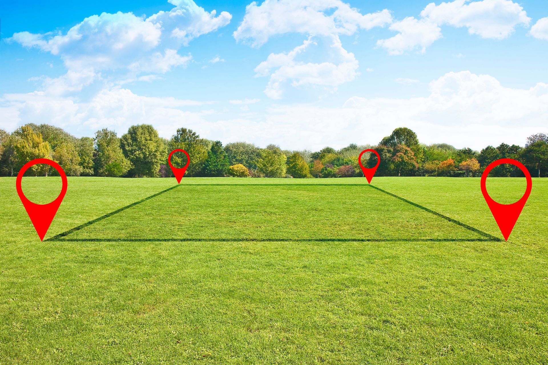 A field of grass with red pin markers on it.