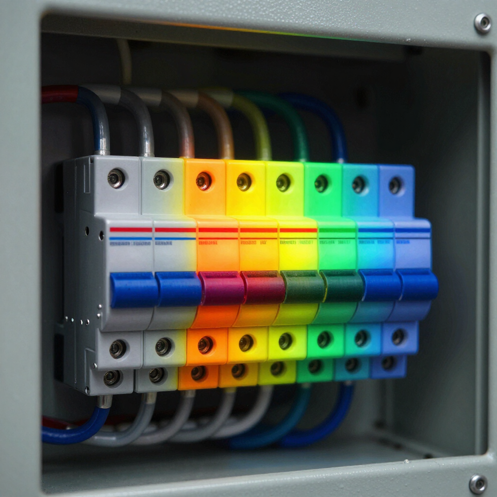 Rainbow-colored circuit breaker switches in an electrical panel box