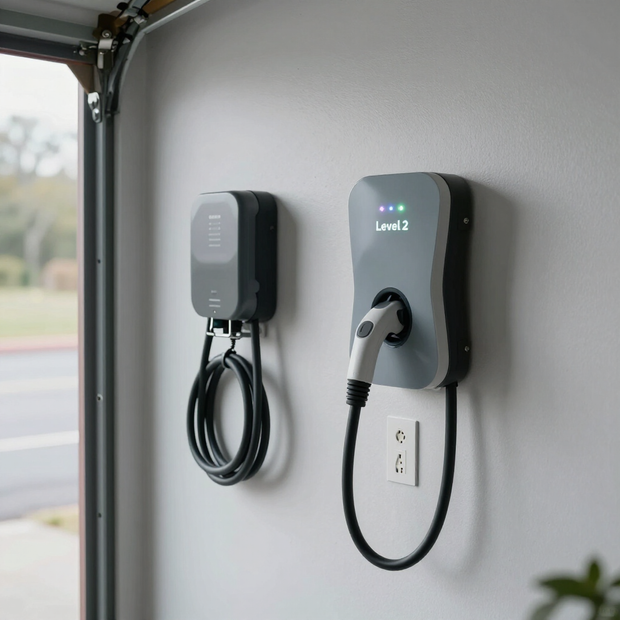 Two wall-mounted EV chargers on a garage wall, one with a coiled cable and one plugged in.