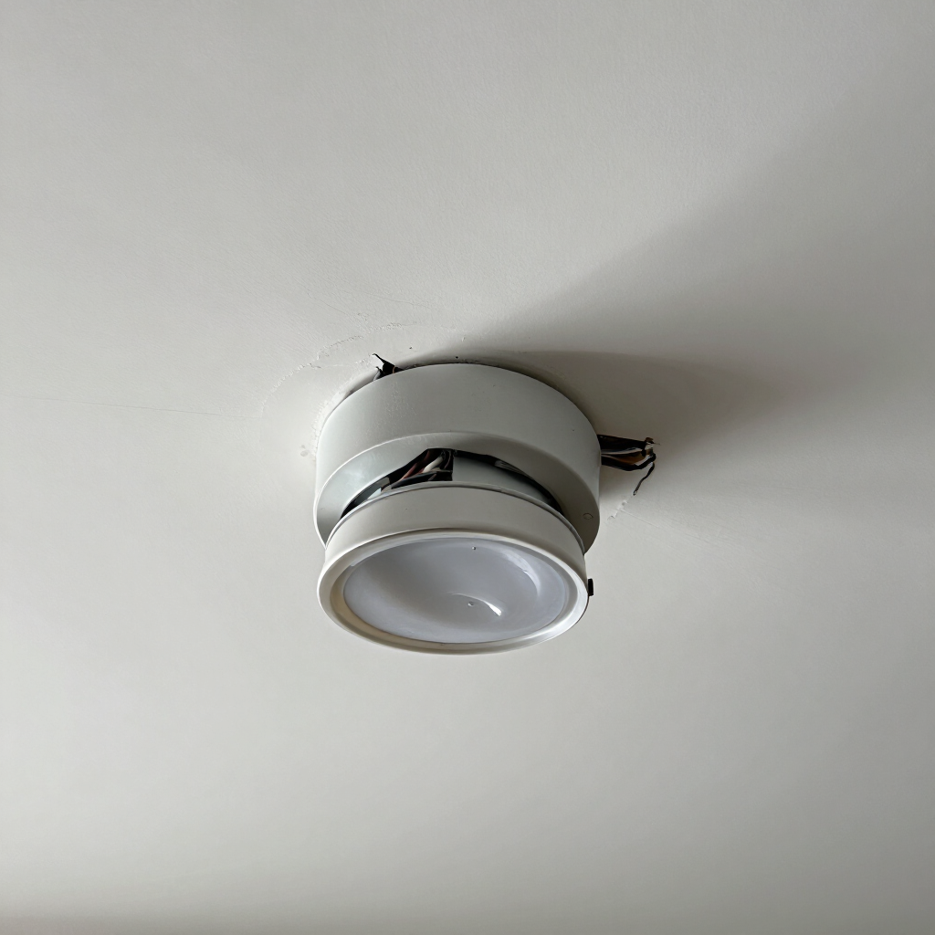 White recessed ceiling light with exposed wiring and broken trim plate