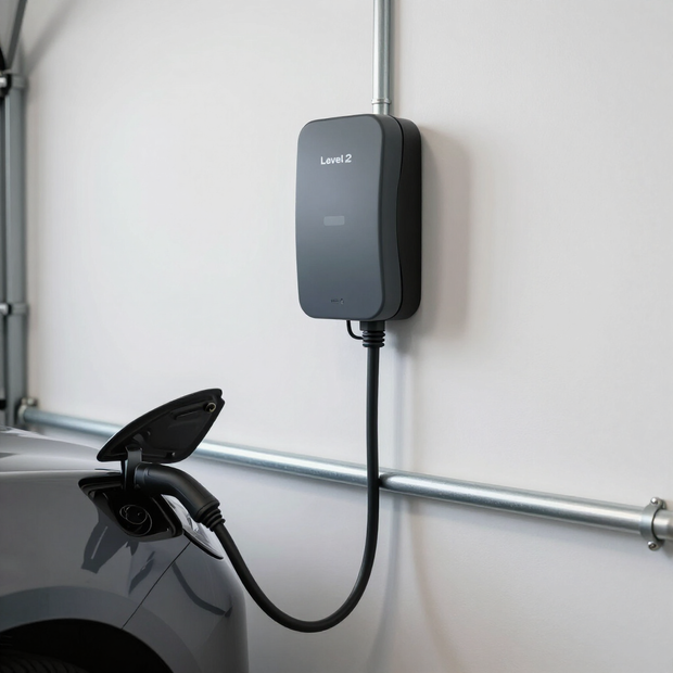 Wall-mounted EV charger with a black cable plugged into a gray car in a garage-like space
