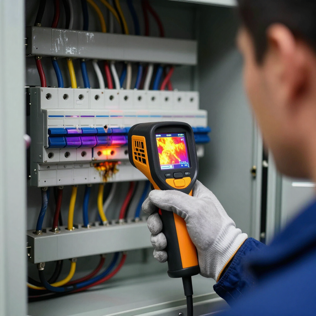 Thermal inspection of electrical panel with technician using infrared camera on wiring and breakers