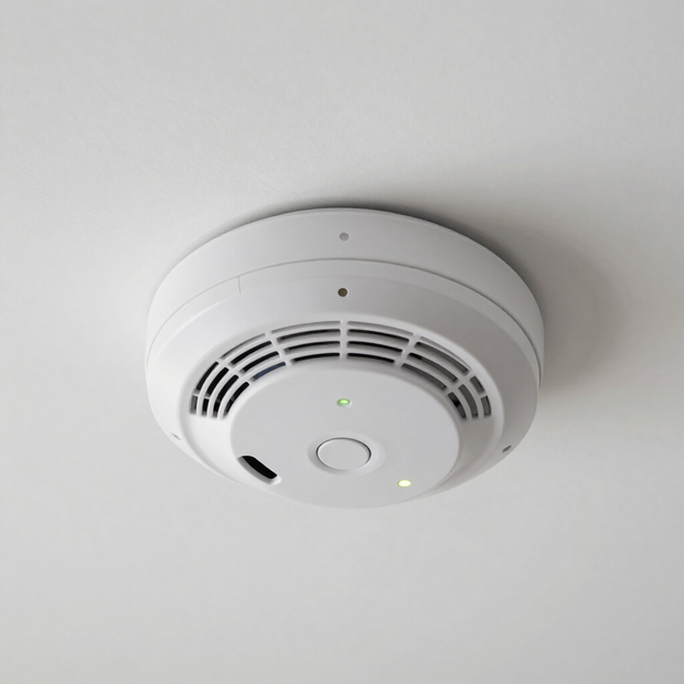 White ceiling smoke detector on a plain ceiling, with a small green status light.