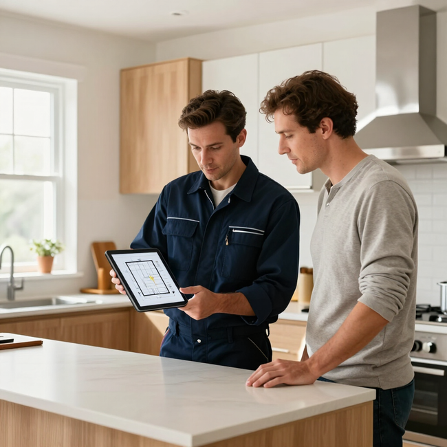 Two men reviewing a tablet in a bright kitchen