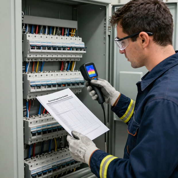 Technician inspecting an electrical panel with a thermal camera and checklist in a utility room