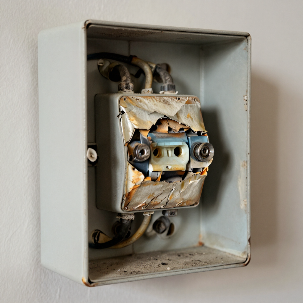 Old, damaged electrical box with exposed wiring and a corroded component inside a wall recess