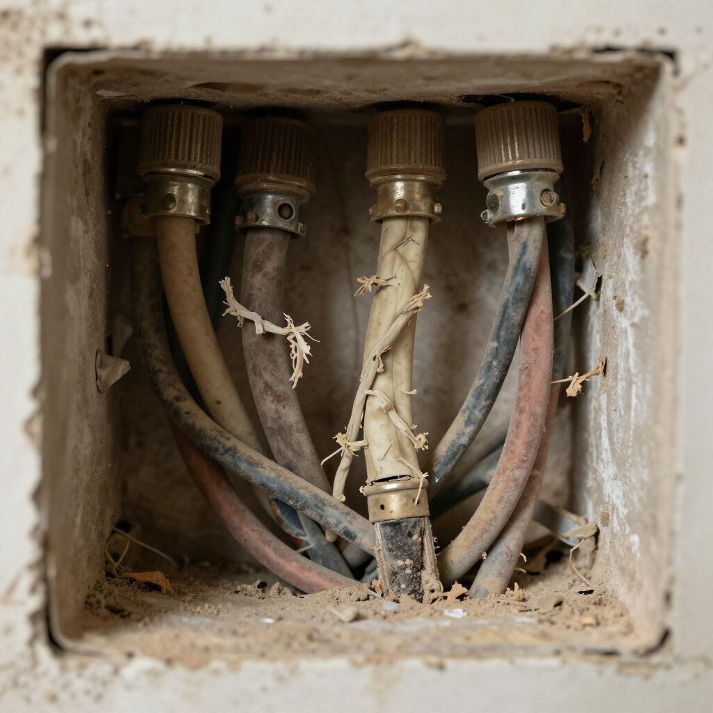 Dusty electrical junction box with several old cables entering through metal connectors