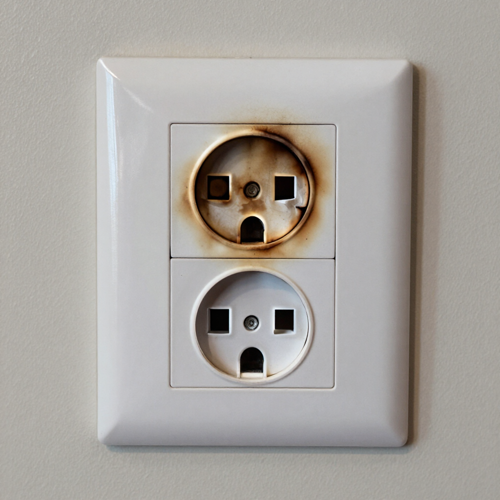 Burned electrical outlet on a white wall plate with two sockets