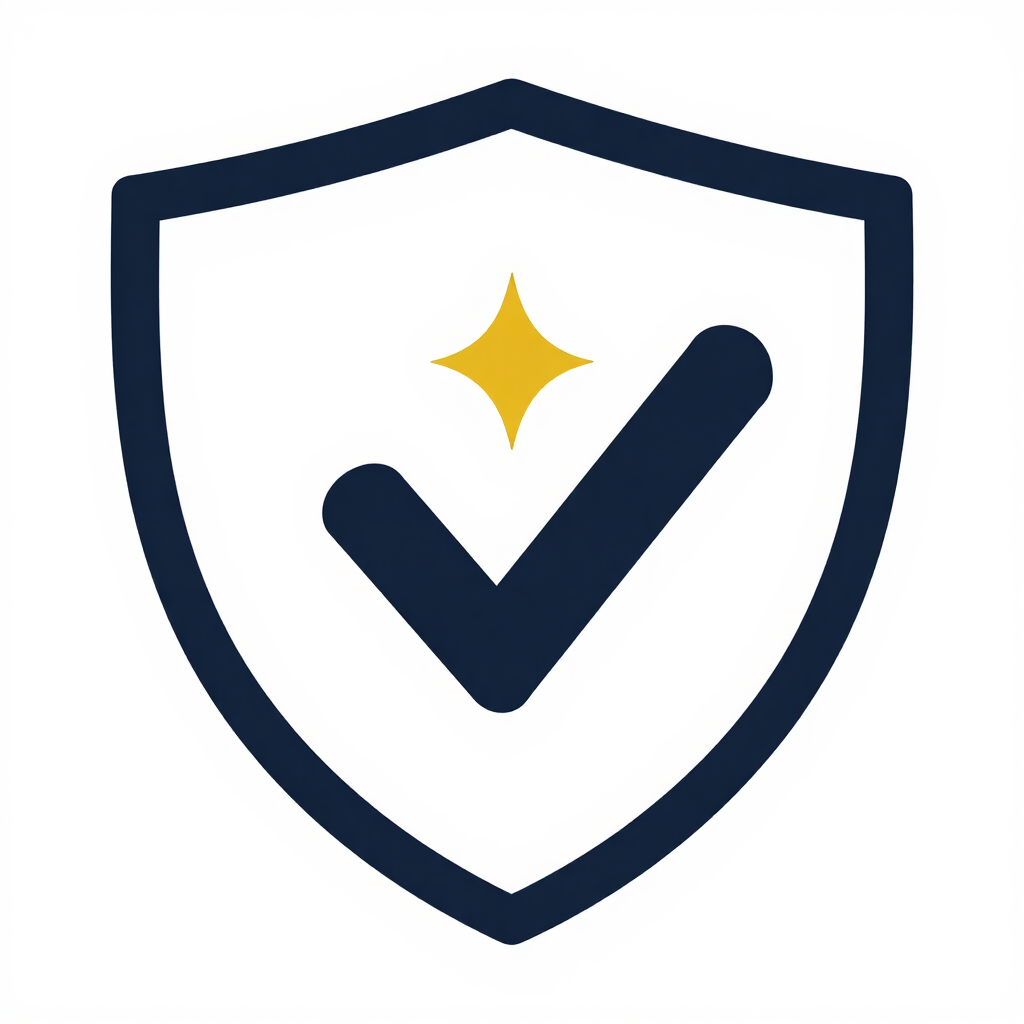 Shield with dark blue checkmark and gold sparkle icon on a white background