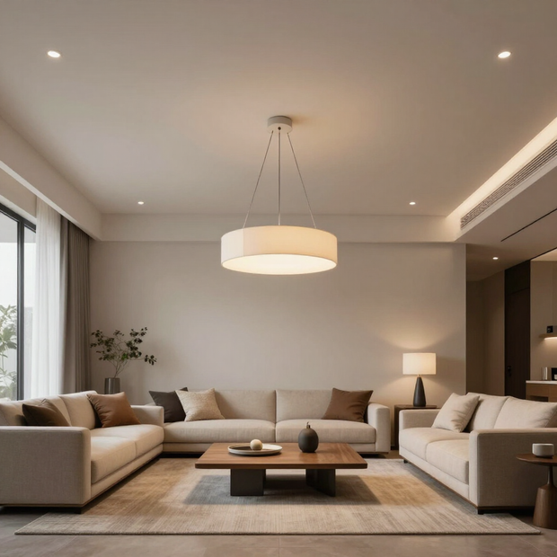 Modern neutral living room with beige sectional sofas, a round pendant light, and a low coffee table