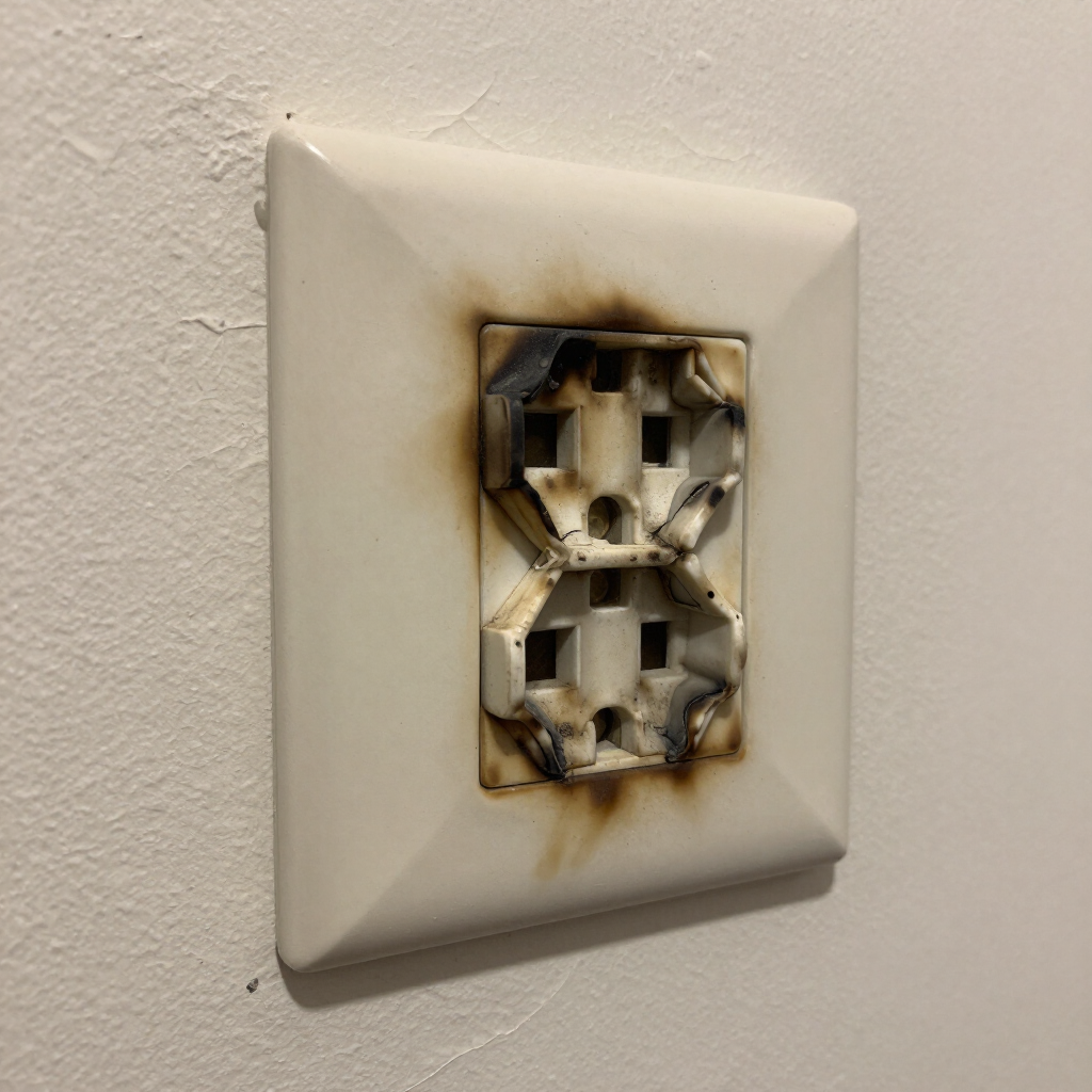Burned electrical wall outlet on a white plate, with black scorch marks and smoke stains