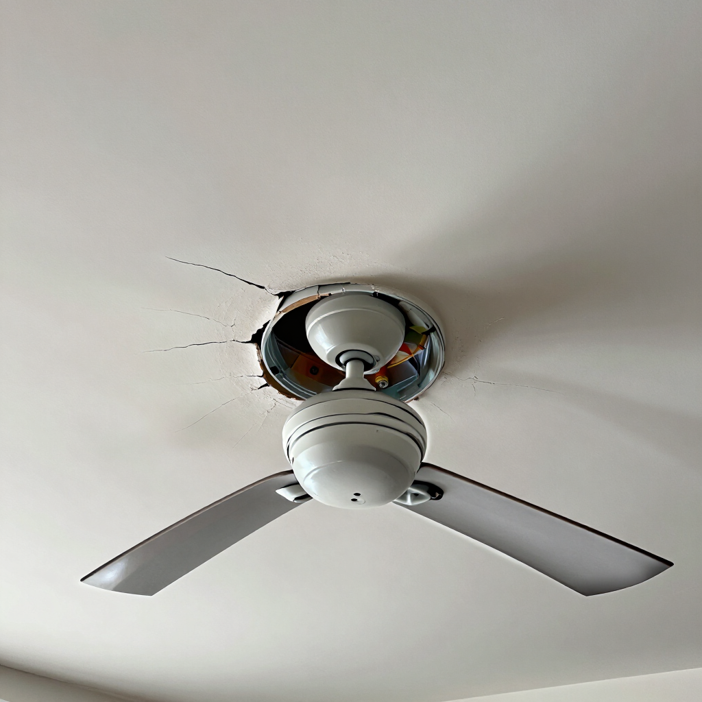 Ceiling fan with missing light fixture cover, exposing wiring in a white ceiling.