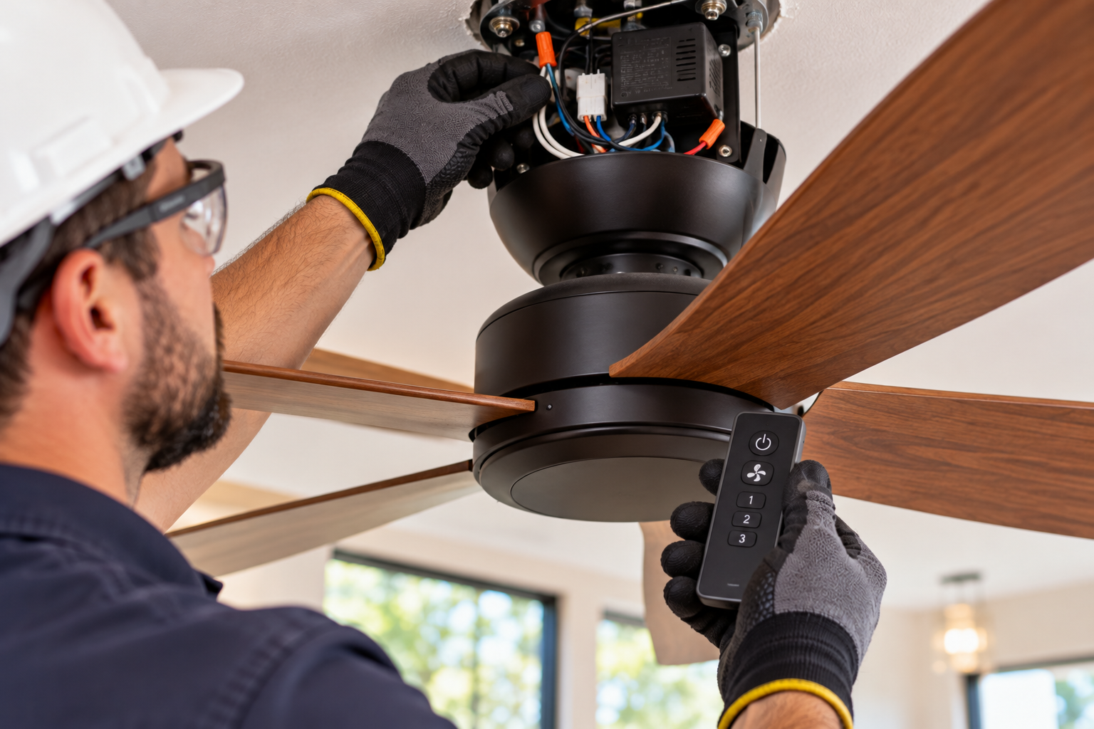 Technician adjusting a ceiling fan with wood blades using a tool indoors