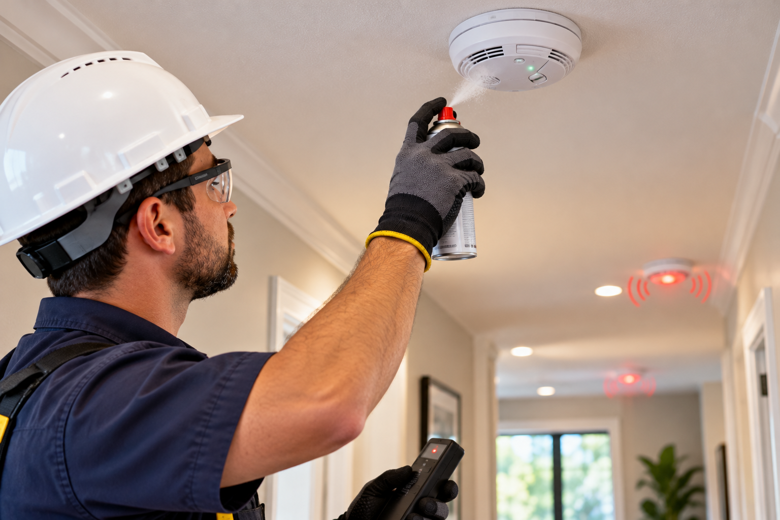 Electrician spraying a smoke detector in a hallway while wearing a hard hat and gloves