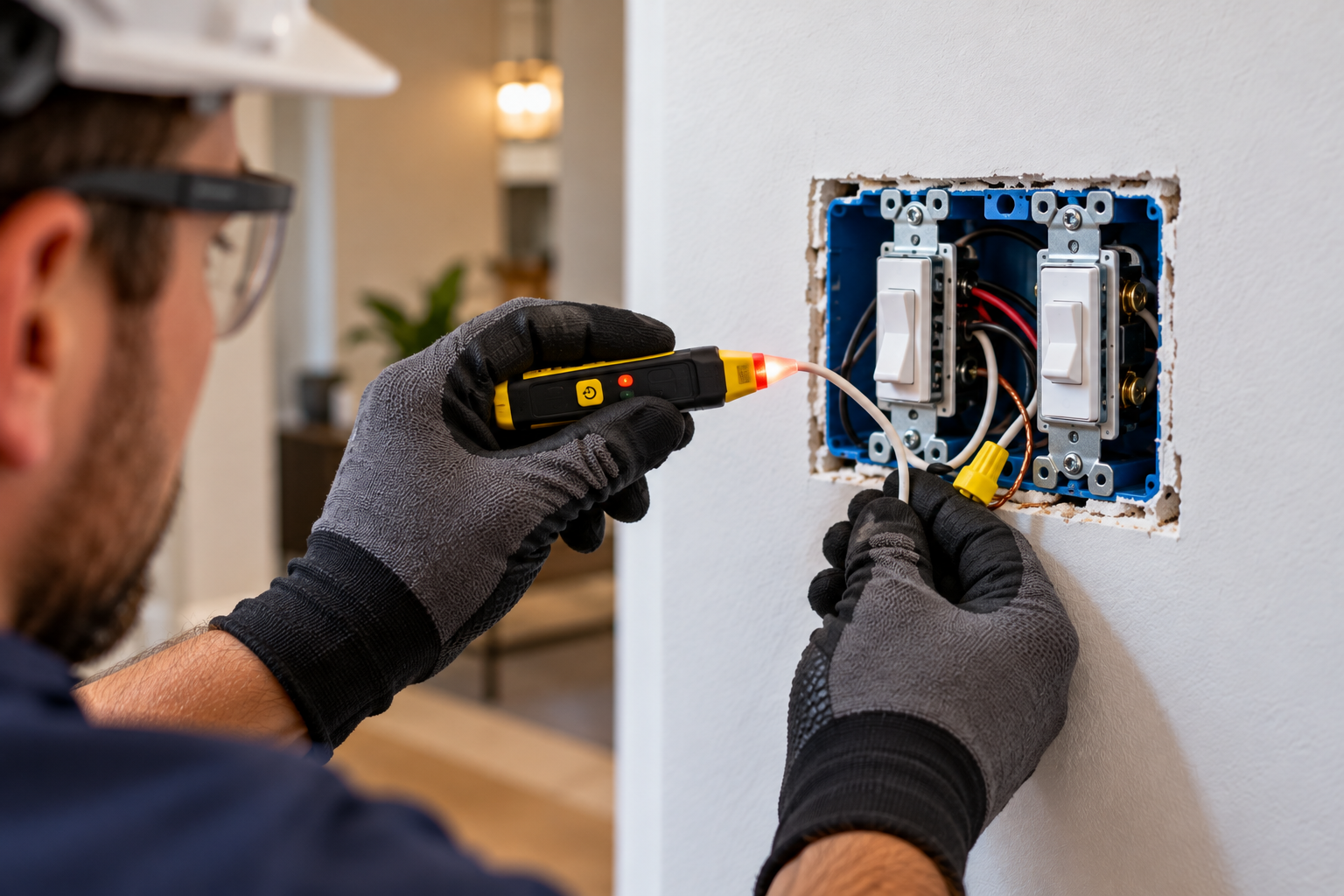 Electrician wiring a wall outlet box with a screwdriver and pliers indoors