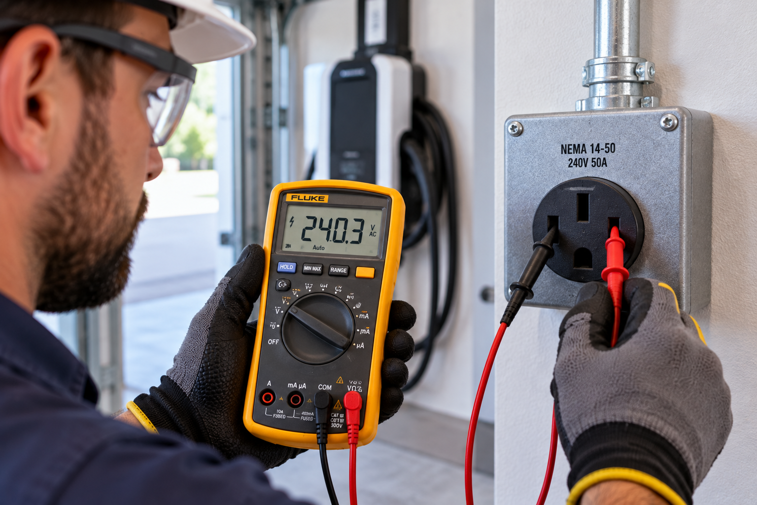 Technician testing a wall outlet with a digital multimeter in an electrical panel area