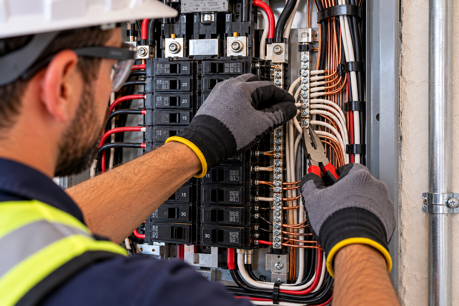 Electrician wiring an open breaker panel with gloved hands in a utility room