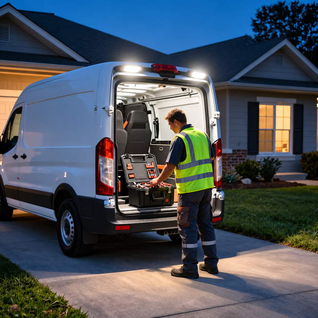 Delivery worker unloading packages from a lit white van in a driveway at dusk