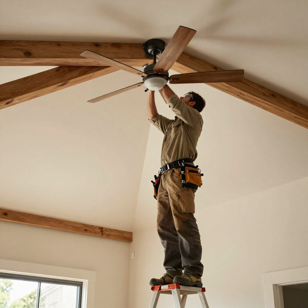 Worker installing a ceiling fan in a room while standing on a ladder
