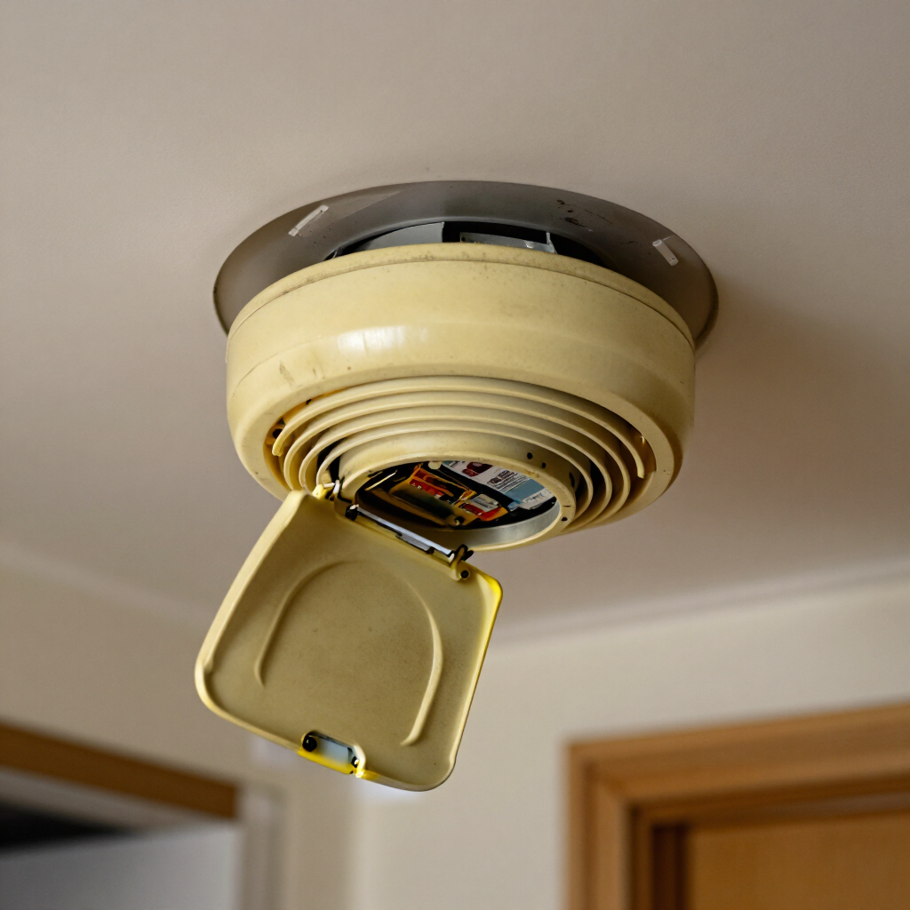 Open ceiling smoke detector with battery compartment hanging open