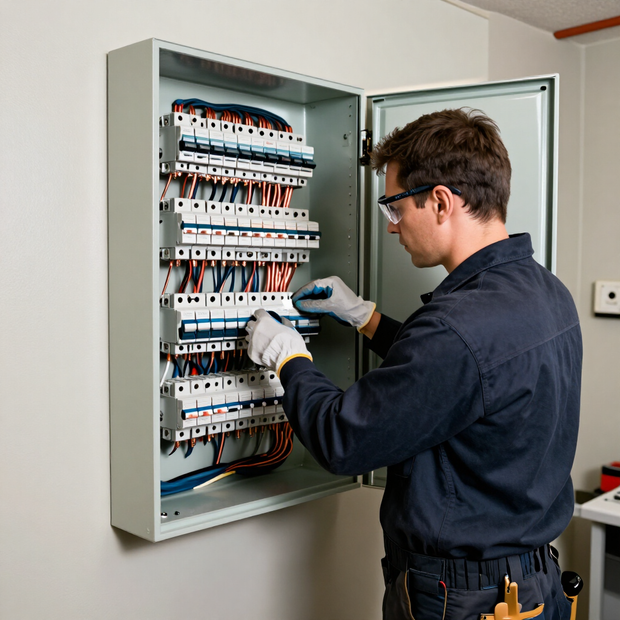 Technician wiring an open electrical control panel in a workshop, wearing gloves and safety glasses