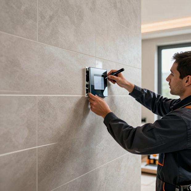 Person mounting a wall thermostat on a tiled wall with a screwdriver