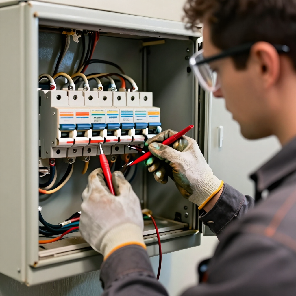 Electrician testing a circuit breaker panel with red and black probes inside an open control box