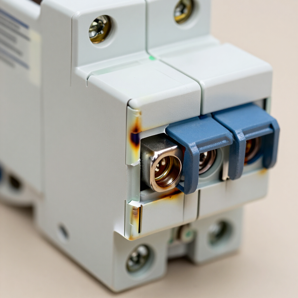 Close-up of a white electrical circuit breaker with blue and brass terminals and a burnt scorch mark.