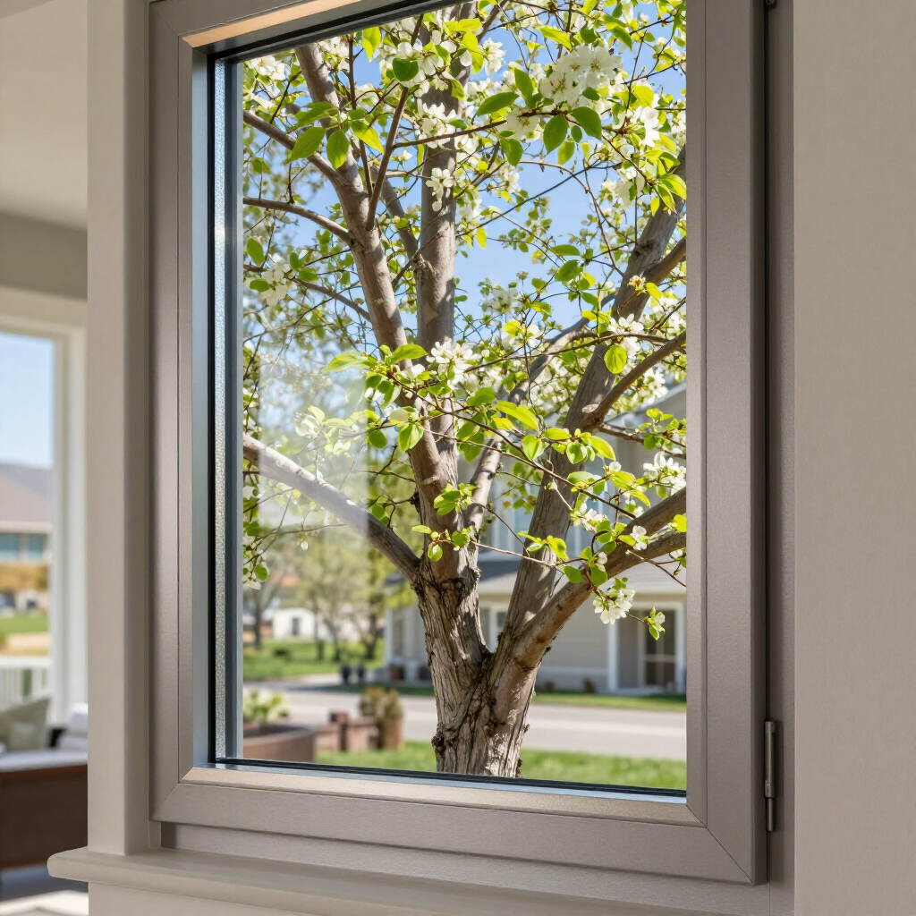 A view through a modern grey-framed window showing a tree in full white spring bloom against a clear blue sky.