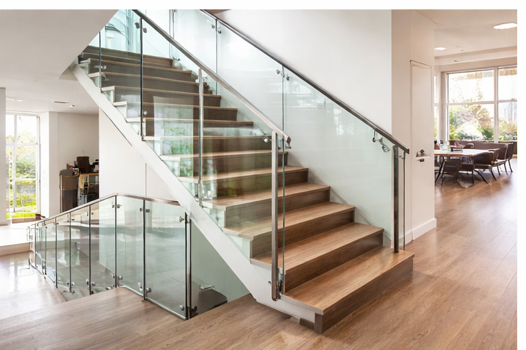 Modern staircase with glass railings in a bright home interior