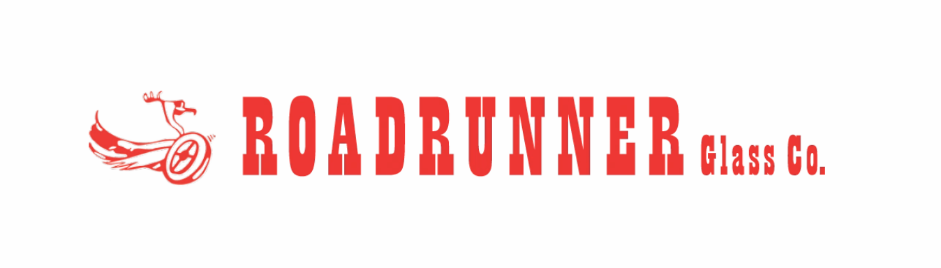 Logo for Roadrunner Glass Co. Red text with a scooter graphic.