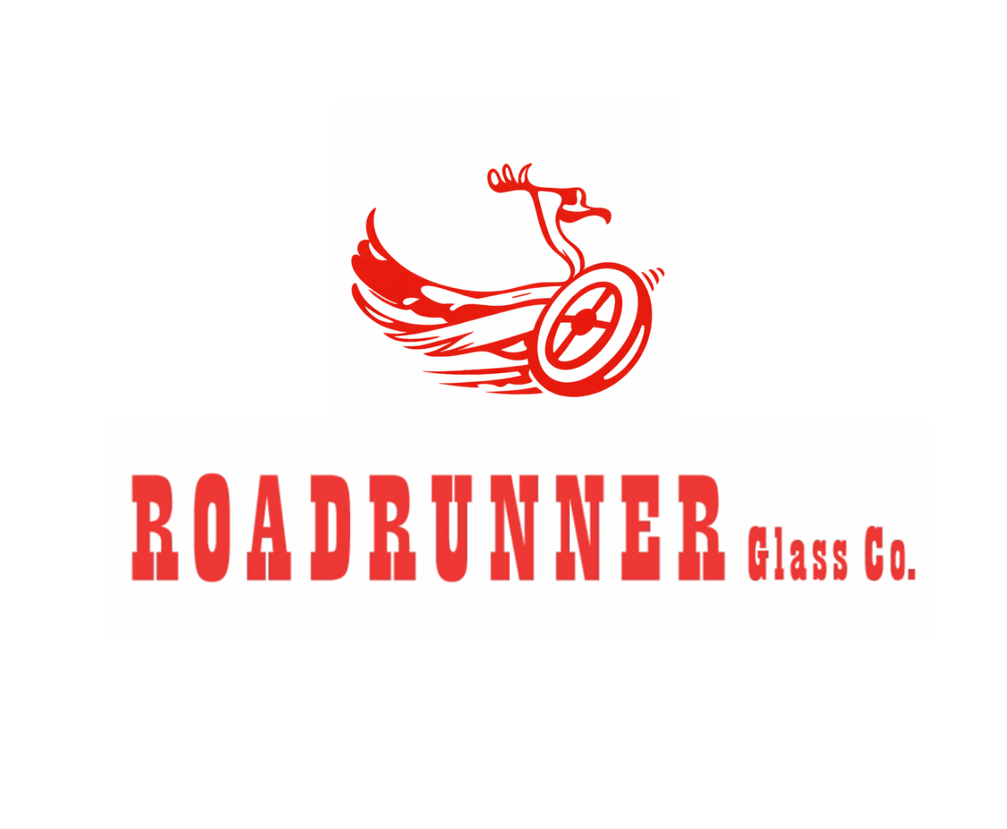 Red Roadrunner Glass Co. logo with a roadrunner-style motorcycle icon.