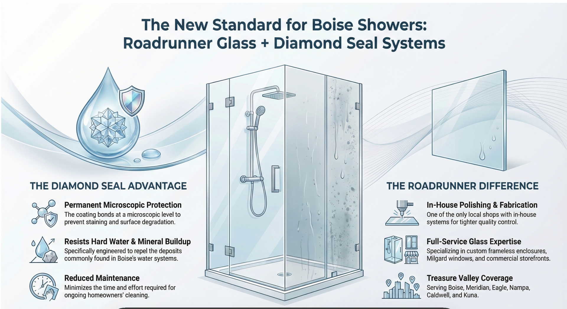 Promotional graphic: Shower stall with glass doors, showing Diamond Seal and Roadrunner Glass advantages.