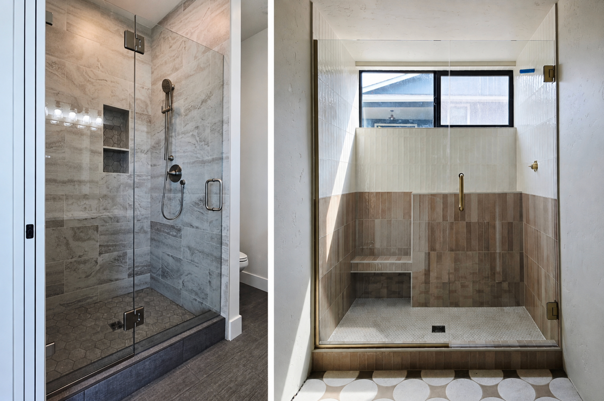 Custom frameless shower doors installed in an Eagle, Idaho bathroom by Roadrunner Glass Co. with cle
