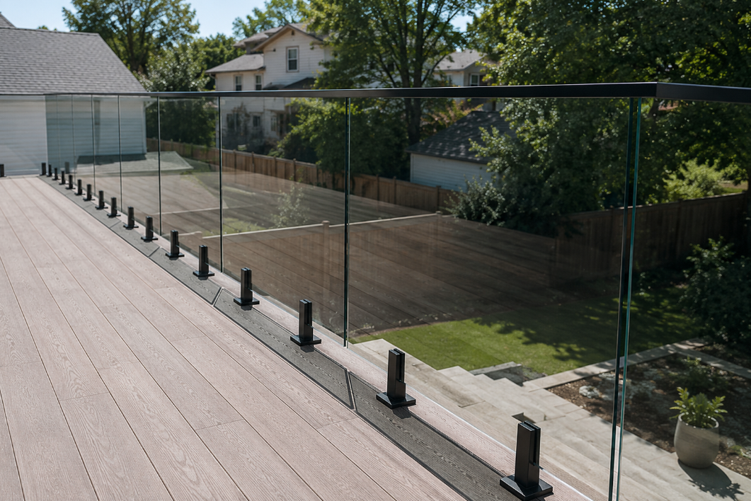 Glass-railed wooden deck overlooking a backyard with trees and a fenced area