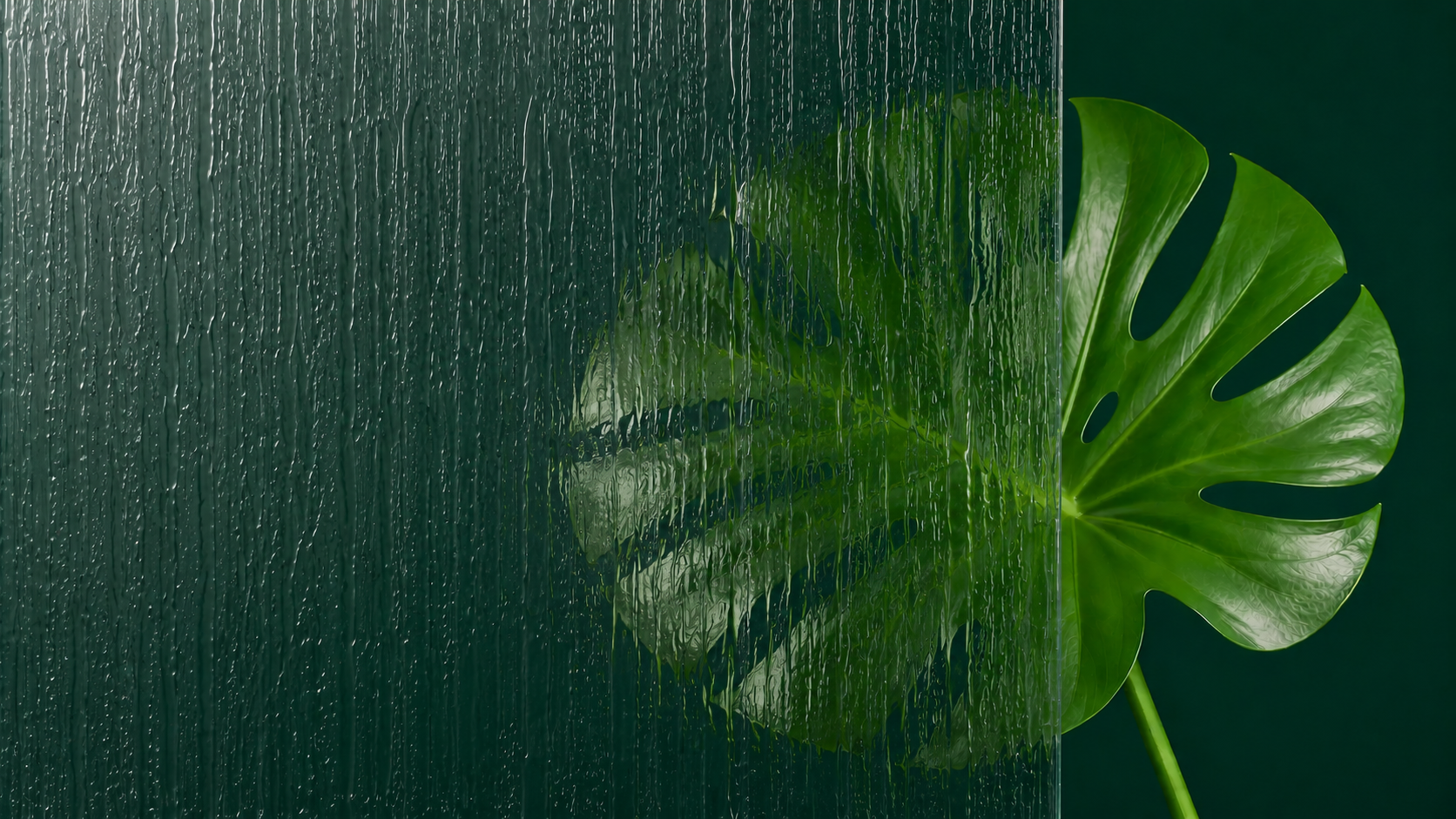 Green monstera leaf behind rain-streaked glass on a dark background