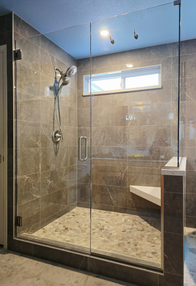 Modern bathroom with a clear frameless glass shower enclosure