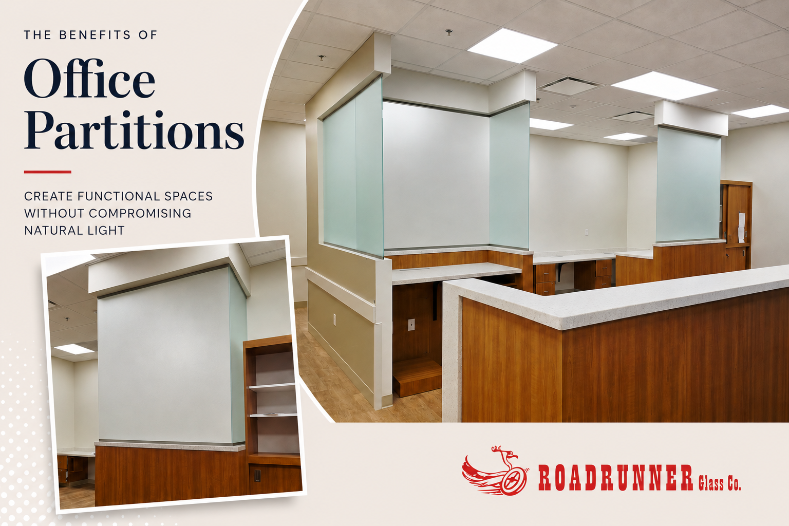 Frosted glass office partition walls installed above a reception desk in a Boise commercial office