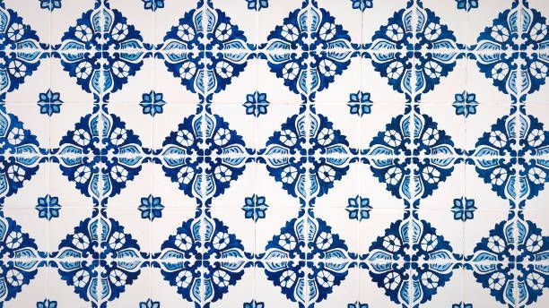 Blue and white patterned tile design with floral and geometric elements.