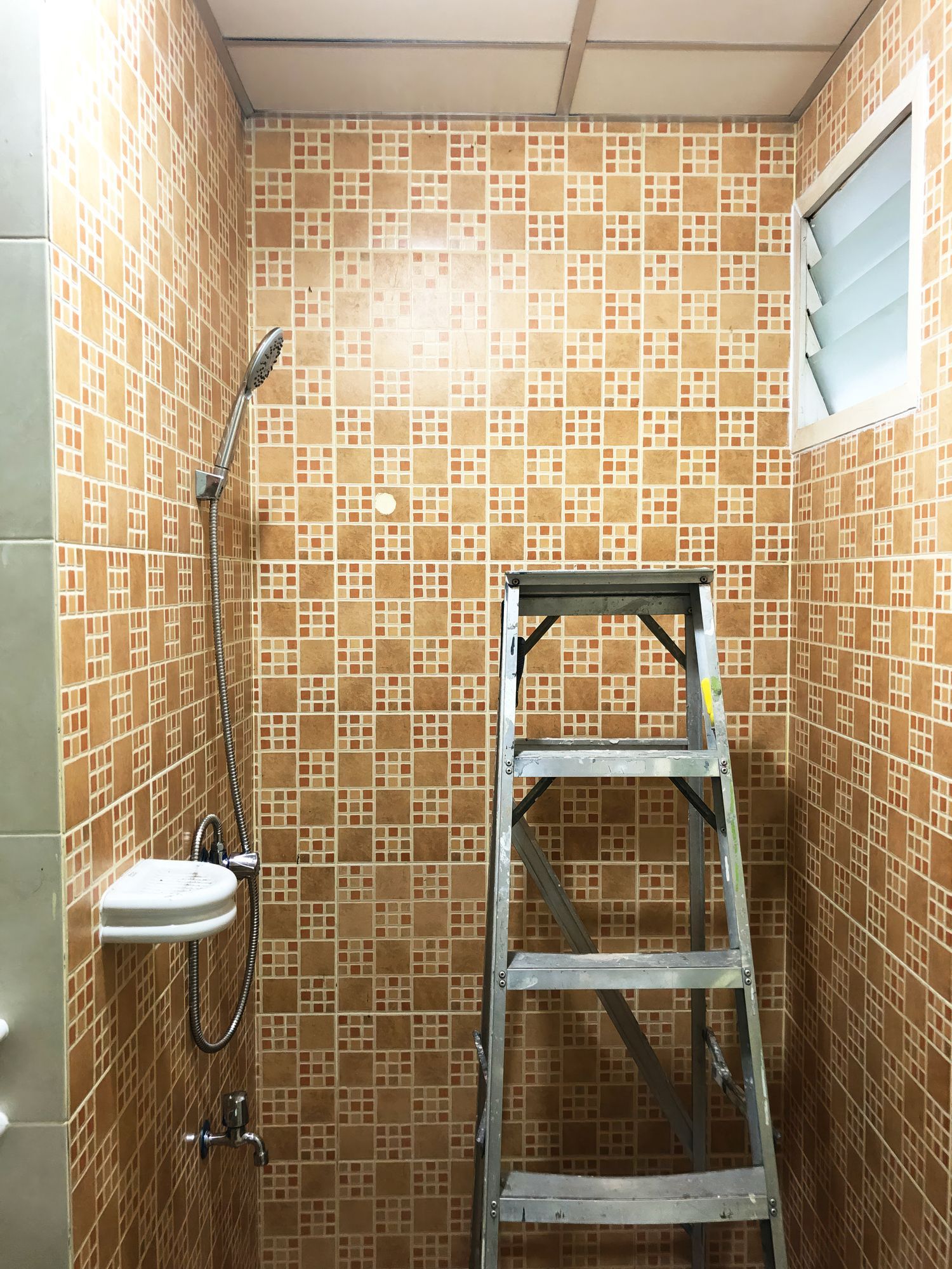 Bathroom with brown tiled walls, shower fixture, ladder, and a small window. Bathroom with brown tiled walls, shower fixture, ladder, and a small window.